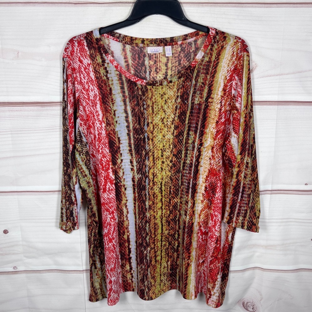 LOGO Layers Mesh Top Womens 2X Multicolor Snakeskin Print 3/4 Sleeve Scoop Neck